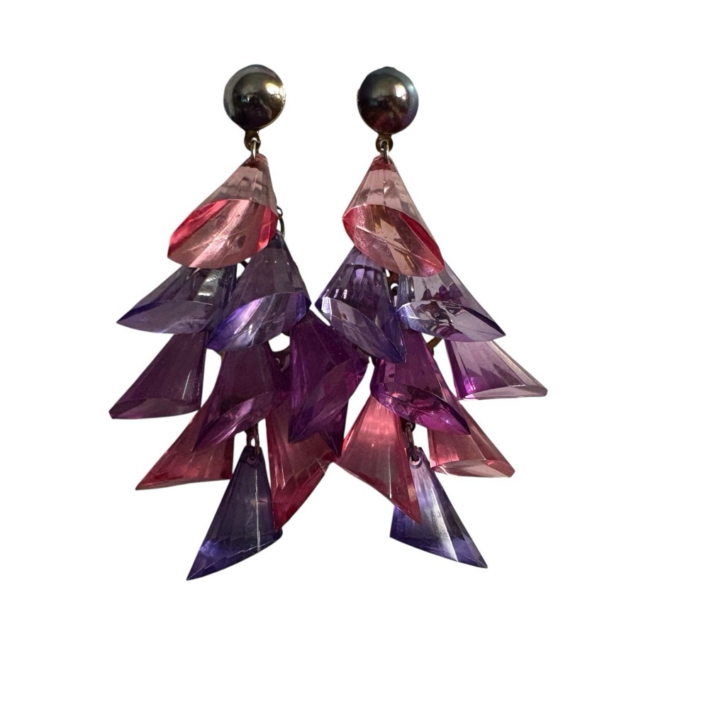 Pink Purple Statement Dangle Earrings Vintage Drop Cha Cha Chunky Translucent - Picture 5 of 15